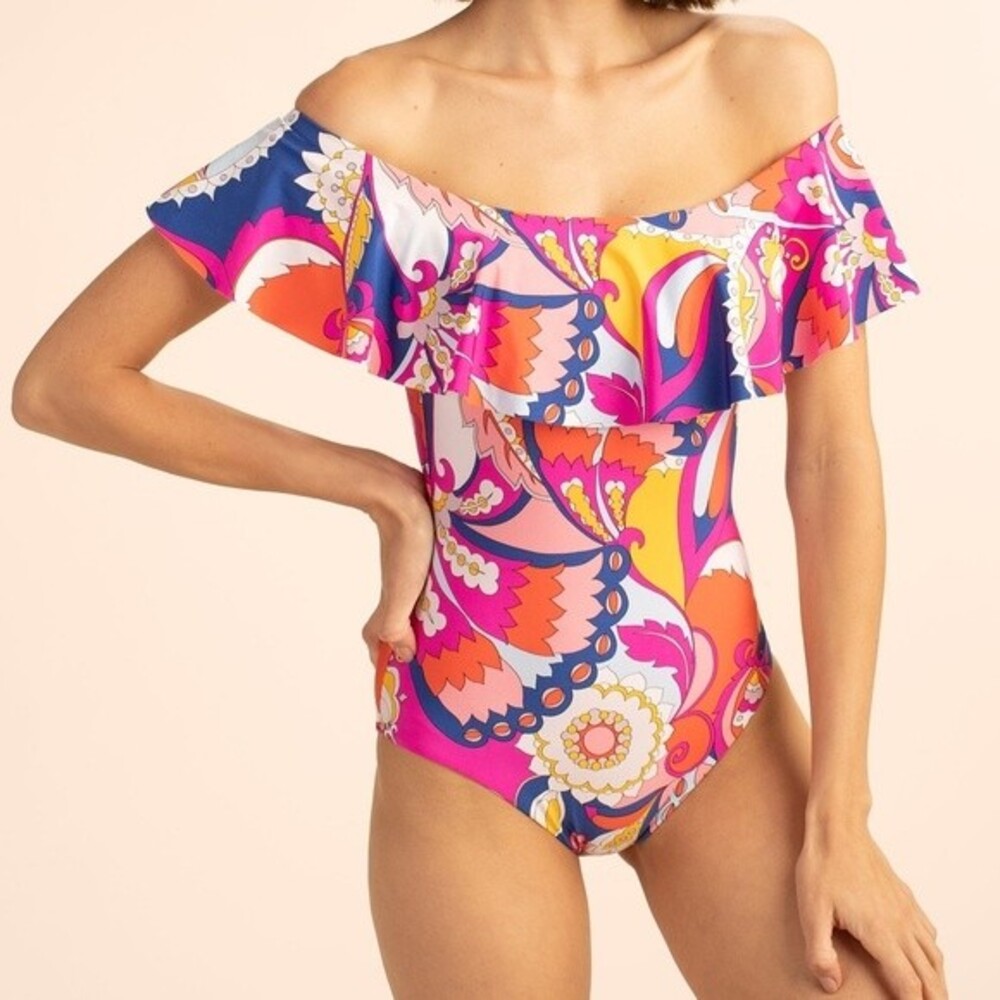 NWT Trina Turk Sevilla Ruffle One Piece Swimsuit Pink Blue Combo Women’s Size 12